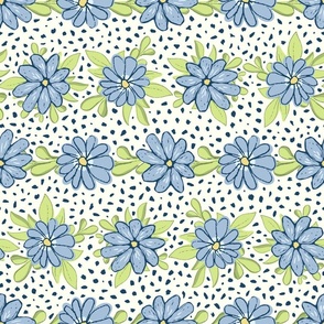 Medium floral stripes in light blue and honeydew with dark dots