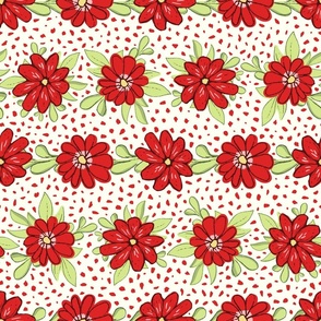 Medium scale red honeydew floral stripes with red polka dots