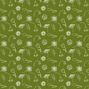 scattered assorted white outline drawn flowers_olive_green background
