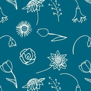 small scale white simple outline drawn assorted scattered flowers_turquoise background