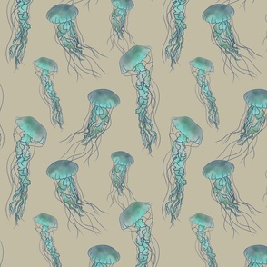 Green watercolor jellyfish pattern on cream background