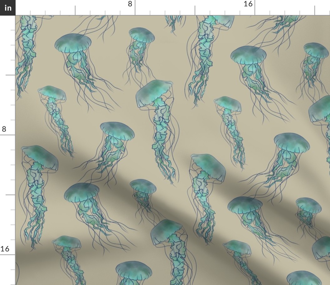 Green watercolor jellyfish pattern on cream background