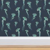 green watercolor jellyfish pattern on navy blue background
