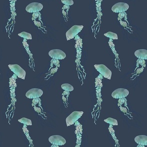 green watercolor jellyfish pattern on navy blue background