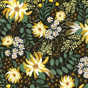 medium- boho ditsy with yellow flowers on black- medium scale
