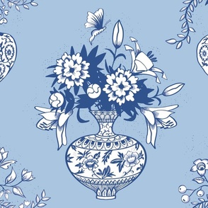 porcellain blue floral bouquets in vases | chinoiserie | large