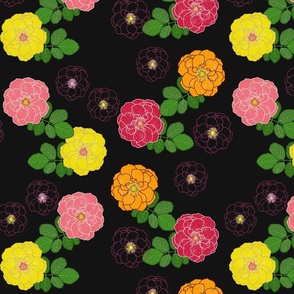 Granny's Rose Trellis - marigold, watermelon, lemon lime on black, medium to large 