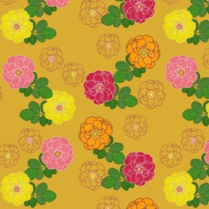 Granny's Rose Trellis - marigold, watermelon, lemon lime on gold, medium to large 