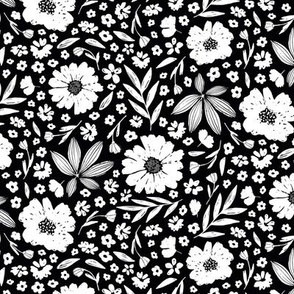 Olivia / medium scale / black and white decorative sweet and playful floral pattern design
