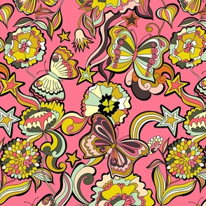 Butterflies and big blooms 70s // pink // medium scale