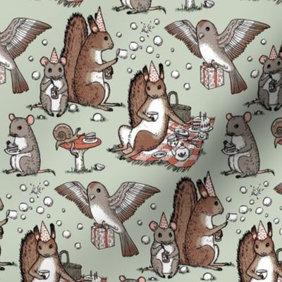 Woodland party - happy woodland animals, cake, gifts, bubbles - small scale - on sage green