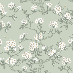Pear blossom - spring time chinoiserie - sage green and yellow