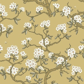 Pear blossom - spring time chinoiserie - antique gold and pine green