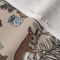 Woodland Christmas toile - happy woodland animals prepare for Christmas - on beige - small scale