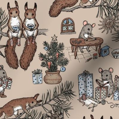 Woodland Christmas toile - happy woodland animals prepare for Christmas - on beige - small scale