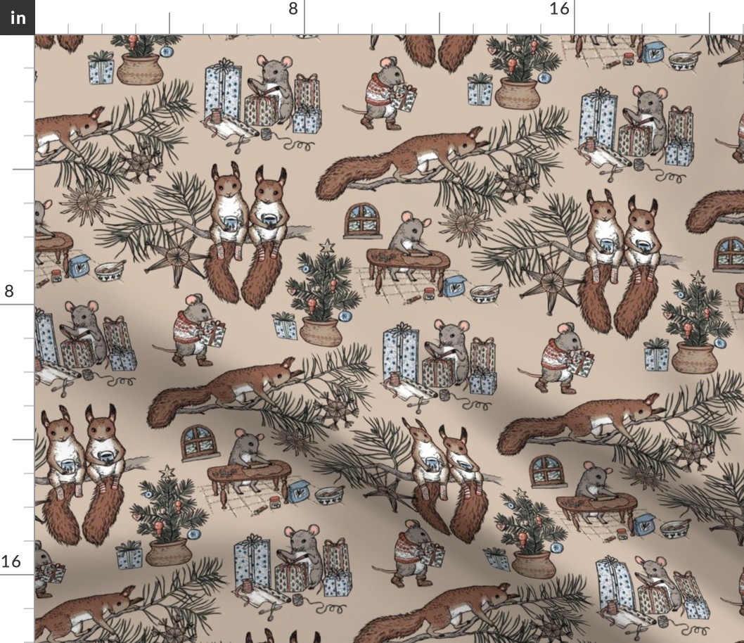 Woodland Christmas toile - happy woodland animals prepare for Christmas - on beige - small scale