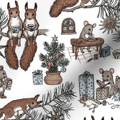 Woodland Christmas toile - happy woodland animals prepare for Christmas - on white - small scale