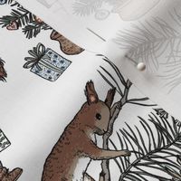 Woodland Christmas toile - happy woodland animals prepare for Christmas - on white - small scale