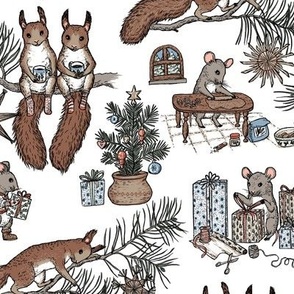 Woodland Christmas toile - happy woodland animals prepare for Christmas - on white - small scale