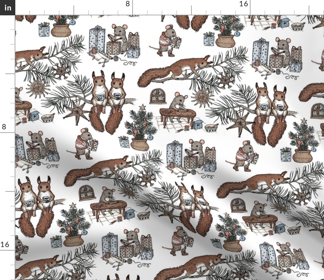 Woodland Christmas toile - happy woodland animals prepare for Christmas - on white - small scale