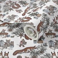 Woodland Christmas toile - happy woodland animals prepare for Christmas - on white - tiny scale