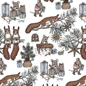 Woodland Christmas toile - happy woodland animals prepare for Christmas - on white - tiny scale