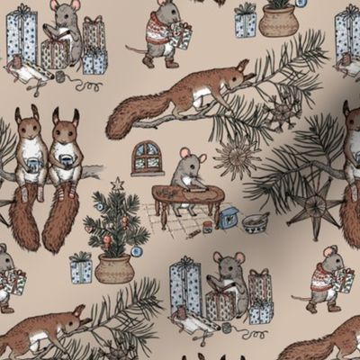 Woodland Christmas toile - happy woodland animals prepare for Christmas - on beige - small scale