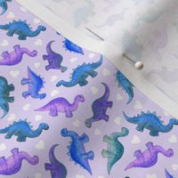 Purple and Blue Hand Painted Gouache Dinos and White Hearts on Lilac - custom scale