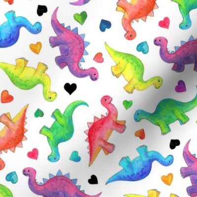 Bright Colorful Hand Painted Gouache Dinos and Hearts on White - custom scale