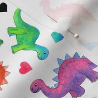 Bright Colorful Hand Painted Gouache Dinos and Hearts on White - custom scale