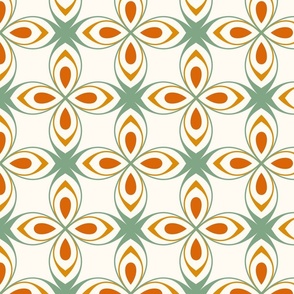 Seventies style geometric flowers in sage green and orange on creamy white - large