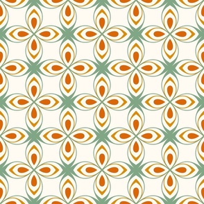 Seventies style geometric flowers in sage green and orange on creamy white - medium