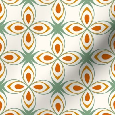 Seventies style geometric flowers in sage green and orange on creamy white - small