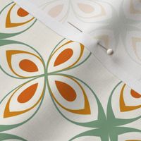 Seventies style geometric flowers in sage green and orange on creamy white - small