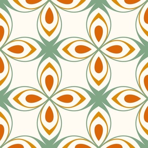 Seventies style geometric flowers in sage green and orange on creamy white - xl