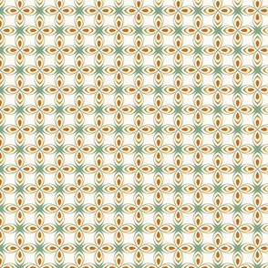 Seventies style geometric flowers in sage green and orange on creamy white - xs