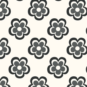 Hand drawn seventies fun flowers in washed out black on creamy white  - large
