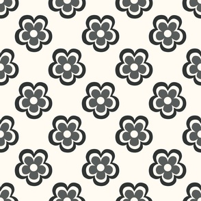 Hand drawn seventies fun flowers in washed out black on creamy white  - medium