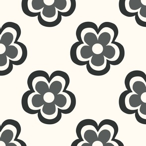 Hand drawn seventies fun flowers in washed out black on creamy white  - xl