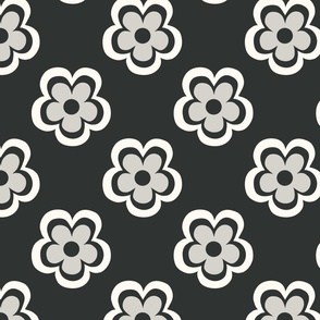 Hand drawn seventies fun flowers in creamy white on washed out black - large