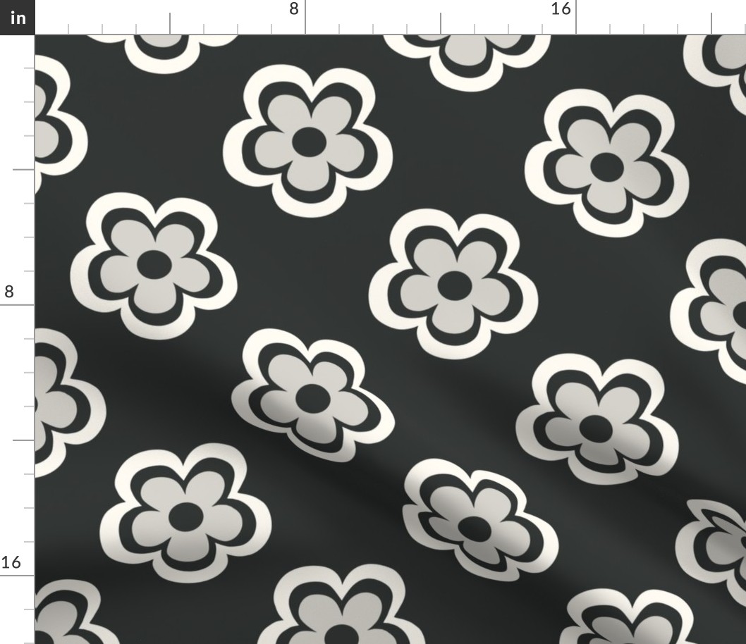 Hand drawn seventies fun flowers in creamy white on washed out black - large