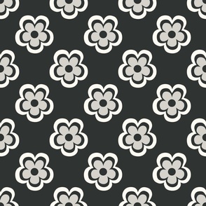 Hand drawn seventies fun flowers in creamy white on washed out black - medium