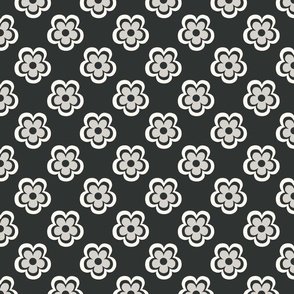 Hand drawn seventies fun flowers in creamy white on washed out black - small