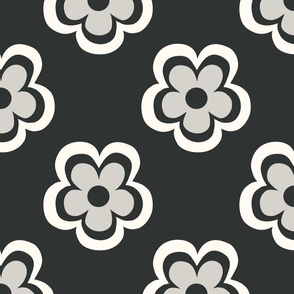 Hand drawn seventies fun flowers in creamy white on washed out black - xl