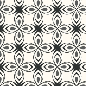 Seventies style geometric flowers in  washed out black on  creamy white - large