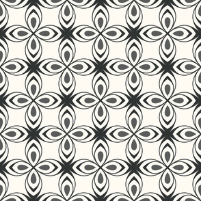 Seventies style geometric flowers in  washed out black on  creamy white - medium