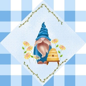 Beekeeping Gnomes on point in blue plaid 12 in repeat (LARGE)