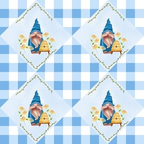 Beekeeping Gnomes on point in blue plaid 6 in repeat 