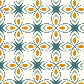 Seventies style geometric flowers in aqua green and orange on creamy white - large