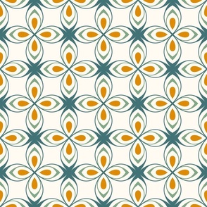 Seventies style geometric flowers in aqua green and orange on creamy white - middle